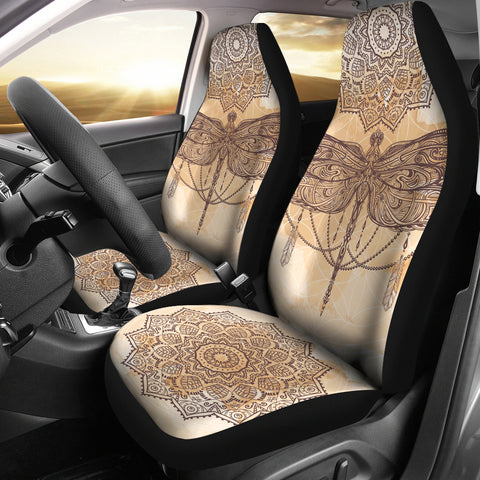 Beige Dragonfly Mandala Car Seat Covers Set Of 2